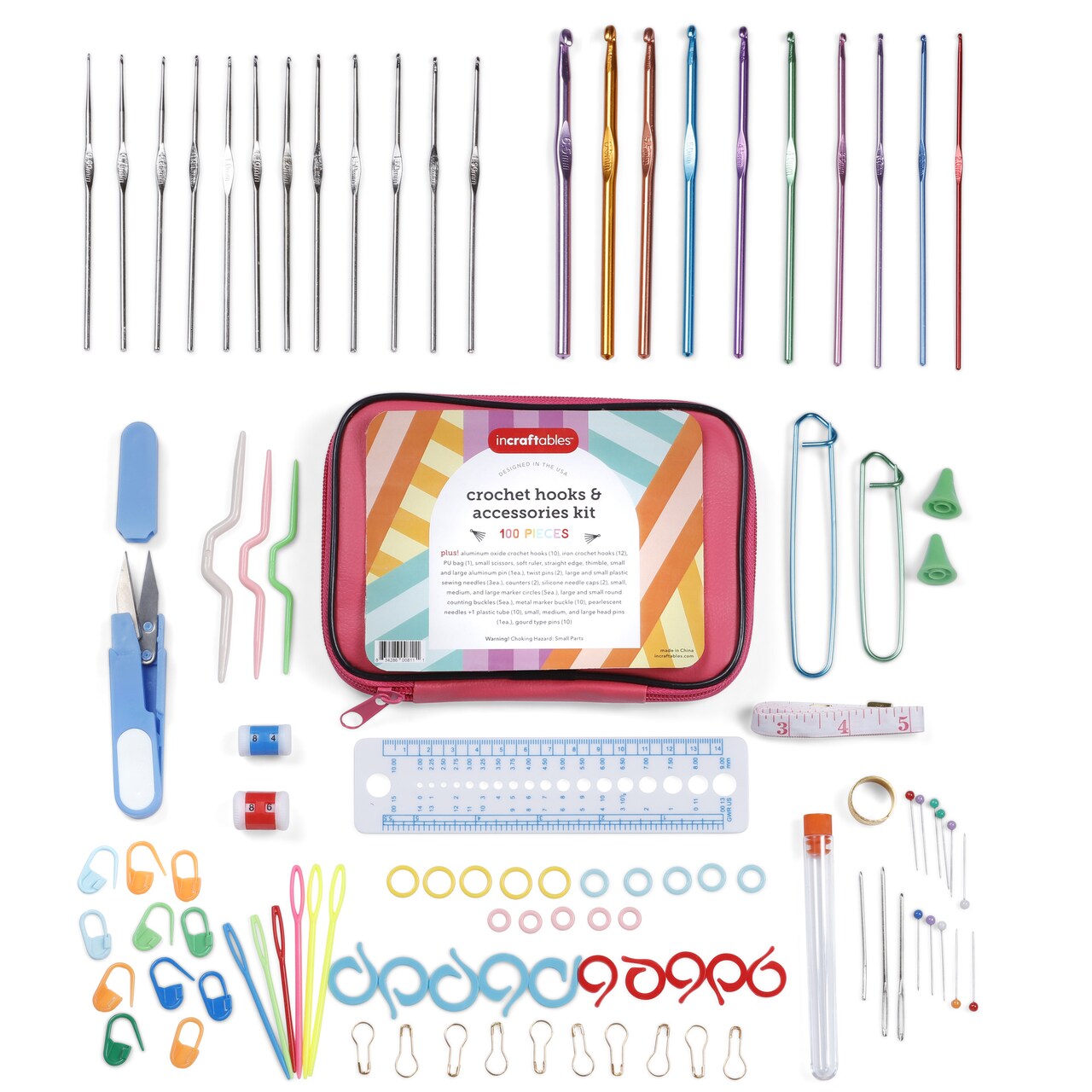 Incraftables Crochet Hook Set with Case 100pcs. Best Crochet Hook Kit for Beginners &#x26; Professionals. Ergonomic Crochet Tools with Needles, Scissors, Ruler, Head Pins &#x26; Accessories for Kids &#x26; Adults